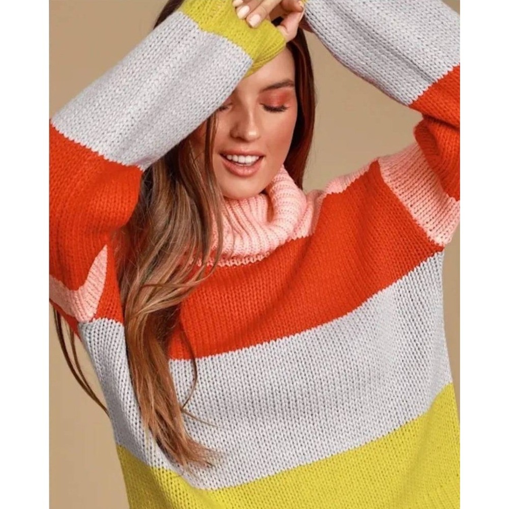 Lulus Color Me Cozy Pink Multi Color Block Turtleneck Sweater S Relaxed Boxy Fit
